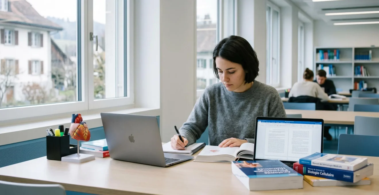 Étudiant concentré dans un espace de travail organisé avec manuels de médecine et ordinateur portable