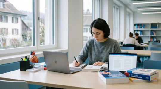 Étudiant concentré dans un espace de travail organisé avec manuels de médecine et ordinateur portable