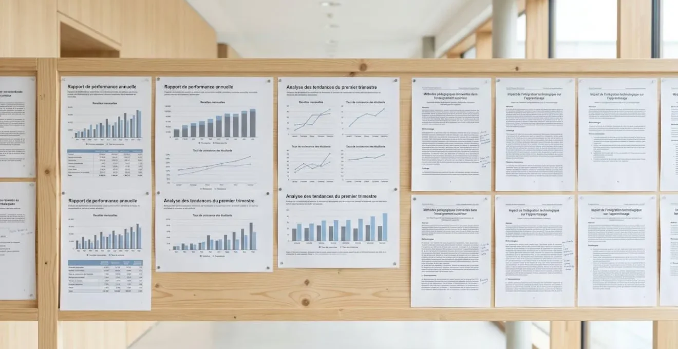 Tableau de présentation avec graphiques de performance et documents académiques organisés